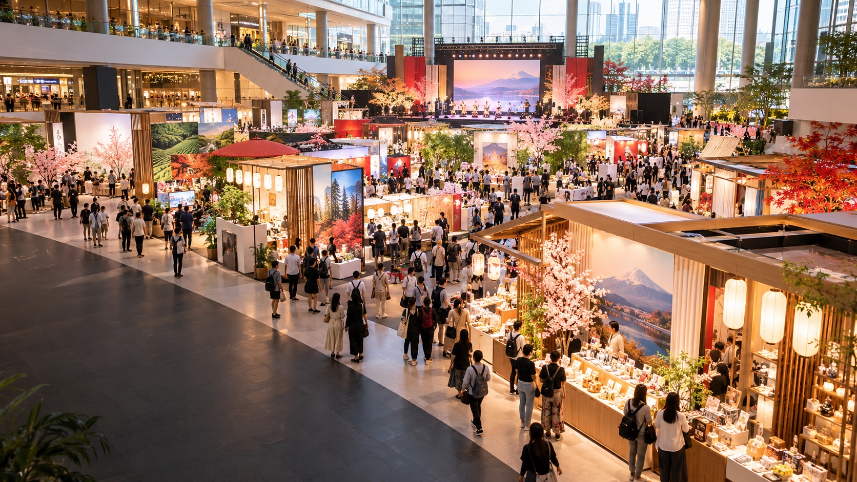 2027年にバンコクで開催される日本関連イベントを想定した、装飾ブースと来場者でにぎわう会場のコンセプト画像