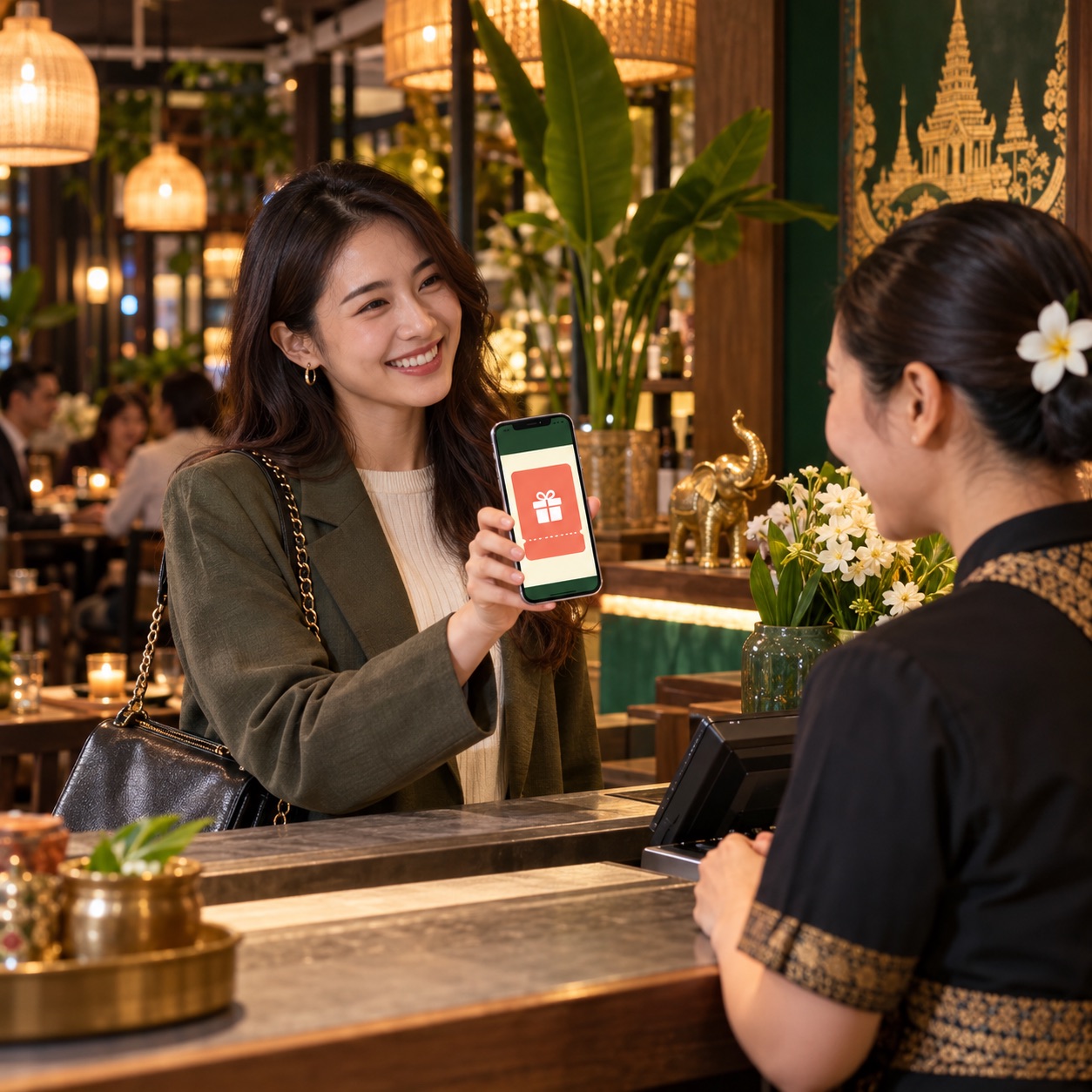 ลูกค้าประจำแสดงคูปองดิจิทัลที่ร้านอาหารไทยในญี่ปุ่น
