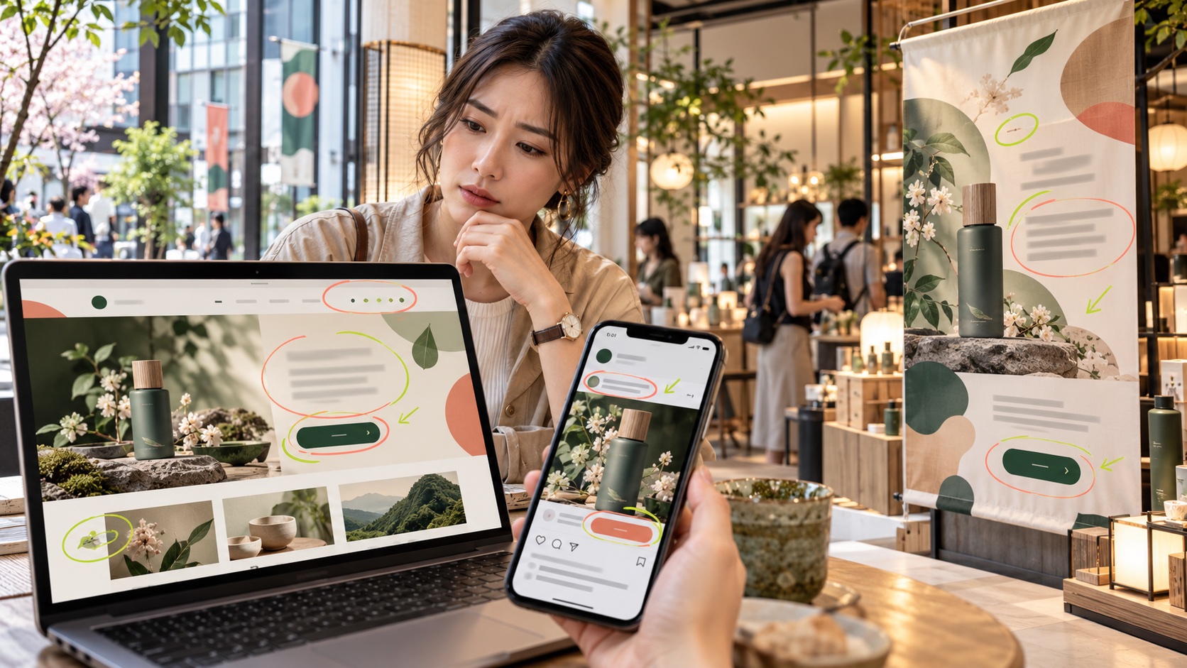 Webサイト、SNS、店頭バナーで表現が統一されず困惑する顧客を描いたAI生成イメージ